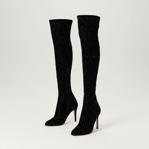 Jimmy Choo Black Stretch Suede Crystal Embellished Thigh High Boots Size 36.5